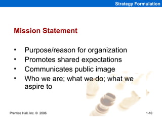 Prentice Hall, Inc. © 2006 1-10
Strategy Formulation
Mission Statement
• Purpose/reason for organization
• Promotes shared expectations
• Communicates public image
• Who we are; what we do; what we
aspire to
 