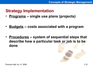 Prentice Hall, Inc. © 2006 1-12
Strategy Implementation
• Programs – single use plans (projects)
• Budgets – costs associated with a program
• Procedures – system of sequential steps that
describe how a particular task or job is to be
done
Concepts of Strategic Management
 