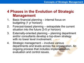 Concepts of Strategic Management
4 Phases in the Evolution of Strategic
Management
1. Basic financial planning – internal focus on
budgeting (1 yr horizon)
2. Forecast-based planning – extrapolate the current
situation into the future (3-5 yr horizon)
3. Externally-oriented planning – planning department
and/or consultants develop a top-down strategy
with no lower level involvement.
4. Strategic management – involves various
departments and levels across the organization. An
ongoing process that includes implementation,
evaluation and control issues.
 