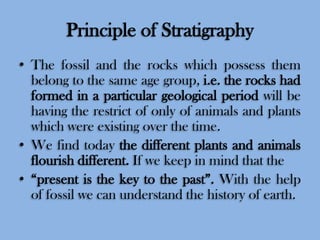 Principle of Stratigraphy
• The fossil and the rocks which possess them
belong to the same age group, i.e. the rocks had
formed in a particular geological period will be
having the restrict of only of animals and plants
which were existing over the time.
• We find today the different plants and animals
flourish different. If we keep in mind that the
• “present is the key to the past”. With the help
of fossil we can understand the history of earth.

 