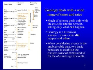 2
Geology deals with a wide
range of times and rates
• Much of science deals only with
the possible and the present,
asking only what can happen.
• Geology is a historical
science…it asks what did
happen and when.
• When considering events in the
unobservable past, two basic
needs are to establish the
relative order of events and to
fix the absolute age of events.
 