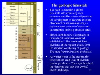 21
The geologic timescale
• The need to establish a global
timescale into which any rock
sequence could be correlated predated
the development of accurate absolute
chronometers and remains today a
separate issue because of errors and
uncertainties in fixing absolute dates.
• Hence Earth history is organized in
hierarchical fashion into named
subdivisions. The names of these
divisions, at the highest levels, form
the standard vocabulary of geology.
You must learn it to talk to geologists.
• As we get closer to the present, the
time spans at each level of division
tend to get shorter. The major levels of
the hierarchy are: eon, era, period,
epoch, and stage.
 