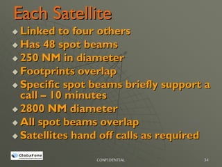 Each Satellite
Linked to four others
Has 48 spot beams
250 NM in diameter
Footprints overlap
Specific spot beams briefly support a
call – 10 minutes
2800 NM diameter
All spot beams overlap
Satellites hand off calls as required

              CONFIDENTIAL         34
 