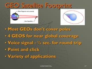 GEO Satellite Footprint


• Most GEOs don’t cover poles
• 4 GEOS for near global coverage
• Voice signal - ¼ sec. for round trip
• Point and click
• Variety of applications
                 CONFIDENTIAL            47
 