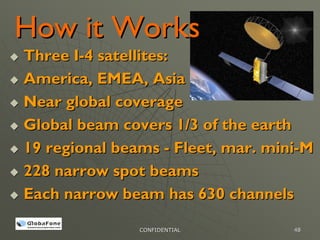 How it Works
Three I-4 satellites:
America, EMEA, Asia
Near global coverage
Global beam covers 1/3 of the earth
19 regional beams - Fleet, mar. mini-M
228 narrow spot beams
Each narrow beam has 630 channels

               CONFIDENTIAL        48
 