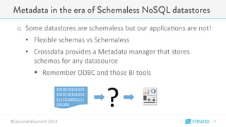 Metadata in the era of Schemaless NoSQL datastores 
o Some-datastores-are-schemaless-but-our-applica3ons-are-not!- 
• Flexible-schemas-vs-Schemaless 
• Crossdata-provides-a-Metadata-manager-that-stores-schemas- 
for-any-datasource 
" Remember-ODBC-and-those-BI-tools 
" 
1010010101010 
1010110101010 
1111010001111 
?" 001000" 
#CassandraSummit-2014 
17" 
 
