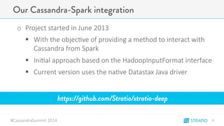 Our Cassandra-Spark integration 
o Project-started-in-June-2013 
" With-the-objec3ve-of-providing-a-method-to-interact-with- 
Cassandra-from-Spark 
" Ini3al-approach-based-on-the-HadoopInputFormat-interface 
" Current-version-uses-the-na3ve-Datastax-Java-driver 
#CassandraSummit-2014 
32" 
https://github.com/Stratio/stratio-deep 
 