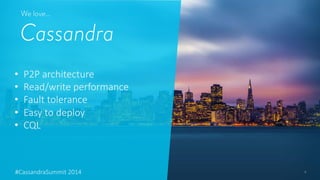 We love… 
Cassandra 
• P2P-architecture 
• Read/write-performance 
• Fault-tolerance 
• Easy-to-deploy 
• CQL 
#CassandraSummit-2014 
4" 
 