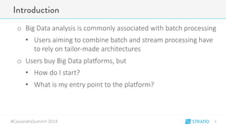 Introduction 
o Big-Data-analysis-is-commonly-associated-with-batch-processing 
• Users-aiming-to-combine-batch-and-stream-processing-have-to- 
rely-on-tailorRmade-architectures 
o Users-buy-Big-Data-plaSorms,-but 
• How-do-I-start? 
• What-is-my-entry-point-to-the-plaSorm? 
#CassandraSummit-2014 
6" 
 