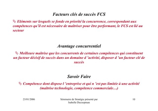 Facteurs clés de succès FCS
   Eléments sur lesquels se fonde en priorité la concurrence, correspondant aux
compétences qu’il est nécessaire de maîtriser pour être performant, le FCS est lié au
secteur



                             Avantage concurrentiel
    Meilleure maîtrise que les concurrents de certaines compétences qui constituent
un facteur décisif de succès dans un domaine d ’activité, disposer d ’un facteur clé de
                                       succès


                                     Savoir Faire
      Compétence dont dispose l ’entreprise et qui n ’est pas limitée à une activité
               (maîtrise technologie, compétence commerciale…)

      23/01/2006               Séminaire de Stratégie présenté par             10
                                     Isabelle Decoopman
 