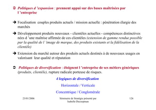 Politiques d ’expansion : prennent appui sur des bases maîtrisées par
l ’entreprise

Focalisation couples produits actuels / mission actuelle : pénétration élargie des
marchés
Développement produits nouveaux - clientèles actuelles - compétences distinctives
nées d ’une maîtrise affirmée de ces clientèles (extension de gamme rendue possible
par la qualité de l ’image de marque, des produits existants et la fidélisation de la
clientèle)
Extension du marché autour des produits actuels destinés à de nouveaux usages en
valorisant leur qualité et réputation

 Politiques de diversification : éloignent l ’entreprise de ses métiers génériques
(produits, clientèle), rupture radicale porteuse de risques.
                          4 logiques de diversification
                              Horizontale / Verticale
                          Concentrique / Conglomérale
   23/01/2006                Séminaire de Stratégie présenté par             126
                                   Isabelle Decoopman
 