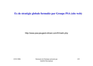 Ex de stratégie globale formulée par Groupe PSA (site web)




             http://www.psa-peugeot-citroen.com/fr/matin.php




23/01/2006              Séminaire de Stratégie présenté par    129
                              Isabelle Decoopman
 