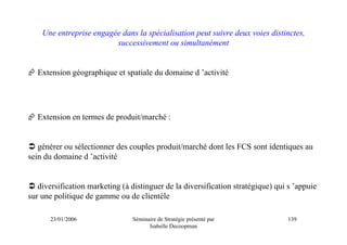 Une entreprise engagée dans la spécialisation peut suivre deux voies distinctes,
                         successivement ou simultanément


  Extension géographique et spatiale du domaine d ’activité




  Extension en termes de produit/marché :


   générer ou sélectionner des couples produit/marché dont les FCS sont identiques au
sein du domaine d ’activité


   diversification marketing (à distinguer de la diversification stratégique) qui s ’appuie
sur une politique de gamme ou de clientèle

       23/01/2006               Séminaire de Stratégie présenté par              139
                                      Isabelle Decoopman
 