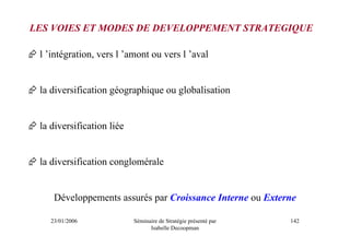 LES VOIES ET MODES DE DEVELOPPEMENT STRATEGIQUE

 l ’intégration, vers l ’amont ou vers l ’aval


 la diversification géographique ou globalisation


 la diversification liée


 la diversification conglomérale


     Développements assurés par Croissance Interne ou Externe

    23/01/2006             Séminaire de Stratégie présenté par   142
                                 Isabelle Decoopman
 