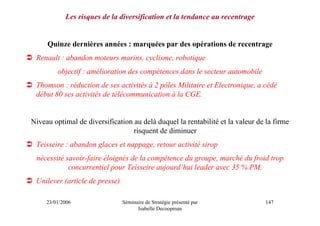 Les risques de la diversification et la tendance au recentrage


     Quinze dernières années : marquées par des opérations de recentrage
 Renault : abandon moteurs marins, cyclisme, robotique
         objectif : amélioration des compétences dans le secteur automobile
 Thomson : réduction de ses activités à 2 pôles Militaire et Electronique, a cédé
 début 80 ses activités de télécommunication à la CGE.


Niveau optimal de diversification au delà duquel la rentabilité et la valeur de la firme
                                  risquent de diminuer
 Teisseire : abandon glaces et nappage, retour activité sirop
 nécessité savoir-faire éloignés de la compétence du groupe, marché du froid trop
            concurrentiel pour Teisseire aujourd’hui leader avec 35 % PM.
 Unilever (article de presse)

     23/01/2006                 Séminaire de Stratégie présenté par             147
                                      Isabelle Decoopman
 