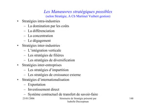 Les Manœuvres stratégiques possibles
                   (selon Stratégie, A Ch Martinet Vuibert gestion)
•   Stratégies intra-industries
     – La domination par les coûts
     – La différenciation
     – La concentration
     – Le dégagement
•   Stratégies inter-industries
     – L’intégration verticale
     – Les stratégies de filières
     – Les stratégies de diversification
•   Stratégies inter-entreprises
     – Les stratégies d’impartition
     – Les stratégies de croissance externe
•   Stratégies d’internationalisation
     – Exportation
     – Investissement direct
     – Système contractuel de transfert de savoir-faire
    23/01/2006               Séminaire de Stratégie présenté par      148
                                   Isabelle Decoopman
 