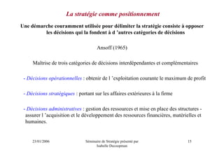 La stratégie comme positionnement
Une démarche couramment utilisée pour délimiter la stratégie consiste à opposer
         les décisions qui la fondent à d ’autres catégories de décisions

                                      Ansoff (1965)

     Maîtrise de trois catégories de décisions interdépendantes et complémentaires

 - Décisions opérationnelles : obtenir de l ’exploitation courante le maximum de profit

 - Décisions stratégiques : portant sur les affaires extérieures à la firme

 - Décisions administratives : gestion des ressources et mise en place des structures -
  assurer l ’acquisition et le développement des ressources financières, matérielles et
  humaines.


     23/01/2006                Séminaire de Stratégie présenté par              15
                                     Isabelle Decoopman
 