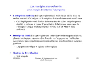 Les stratégies inter-industries
                     (selon Stratégie, A Ch Martinet Vuibert gestion)


•   L’intégration verticale: Il s’agit de prendre des positions en amont et/ou en
    aval de son activité d’origine en lieu et place de ses achats ou ventes antérieurs.
     – Ceci implique une modification de la structure des coûts, une plius grande
        rigidité, et présente le risque d’une dilution de la formule stratégique de
        l’entreprise (risque de changement de métier, ex Club Mèd et flotte
        aérienne)

•   Stratégie de filière: il s’agit de gérer une série d’activité interdépendantes aux
    plans technologique, commercial et financier en s’appuyant sur l’utilisation
    systématique des compétences communes et le plus grand nombre de synergies
    possibles
     – Logique économique et logique technologique

•   Stratégie de diversification
     – Voir ci-après
    23/01/2006                Séminaire de Stratégie présenté par              153
                                    Isabelle Decoopman
 
