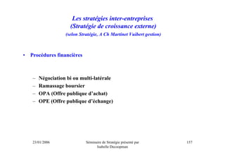 Les stratégies inter-entreprises
                      (Stratégie de croissance externe)
                    (selon Stratégie, A Ch Martinet Vuibert gestion)



•   Procédures financières



     –   Négociation bi ou multi-latérale
     –   Ramassage boursier
     –   OPA (Offre publique d’achat)
     –   OPE (Offre publique d’échange)




     23/01/2006               Séminaire de Stratégie présenté par      157
                                    Isabelle Decoopman
 