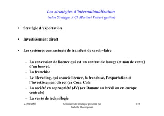 Les stratégies d’internationalisation
                  (selon Stratégie, A Ch Martinet Vuibert gestion)


•   Stratégie d’exportation

•   Investissement direct

•   Les systèmes contractuels de transfert de savoir-faire

     – La concession de licence qui est un contrat de louage (et non de vente)
       d’un brevet.
     – La franchise
     – Le lifereding, qui associe licence, la franchise, l’exportation et
       l’investissement direct (ex Coca Cola
     – La société en copropriété (JV) (ex Danone au brésil ou en europe
       centrale)
     – La vente de technologie
    23/01/2006                Séminaire de Stratégie présenté par       158
                                    Isabelle Decoopman
 