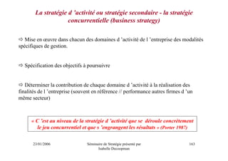 La stratégie d ’activité ou stratégie secondaire - la stratégie
                     concurrentielle (business strategy)

   Mise en œuvre dans chacun des domaines d ’activité de l ’entreprise des modalités
spécifiques de gestion.


  Spécification des objectifs à poursuivre


   Déterminer la contribution de chaque domaine d ’activité à la réalisation des
finalités de l ’entreprise (souvent en référence // performance autres firmes d ’un
même secteur)



      « C ’est au niveau de la stratégie d ’activité que se déroule concrètement
         le jeu concurrentiel et que s ’engrangent les résultats » (Porter 1987)

      23/01/2006                Séminaire de Stratégie présenté par              163
                                      Isabelle Decoopman
 