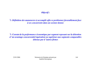 Objectif :


  Définition des manœuvres à accomplir afin se positionner favorablement face
                  à ses concurrents dans un secteur donné.




   Constat de la performance économique par segment reposant sur la détention
d ’un avantage concurrentiel équivalent ou supérieur aux segments comparables
                         détenus par d ’autres firmes




   23/01/2006              Séminaire de Stratégie présenté par        164
                                 Isabelle Decoopman
 