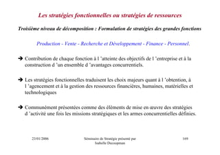 Les stratégies fonctionnelles ou stratégies de ressources

Troisième niveau de décomposition : Formulation de stratégies des grandes fonctions

        Production - Vente - Recherche et Développement - Finance - Personnel.

   Contribution de chaque fonction à l ’atteinte des objectifs de l ’entreprise et à la
   construction d ’un ensemble d ’avantages concurrentiels.

   Les stratégies fonctionnelles traduisent les choix majeurs quant à l ’obtention, à
   l ’agencement et à la gestion des ressources financières, humaines, matérielles et
   technologiques

   Communément présentées comme des éléments de mise en œuvre des stratégies
   d ’activité une fois les missions stratégiques et les armes concurrentielles définies.



      23/01/2006                Séminaire de Stratégie présenté par               169
                                      Isabelle Decoopman
 