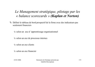Le Management stratégique, pilotage par les
   « balance scorecards » (Kaplan et Norton)
Définir le tableau de bord prospectif de la firme avec des indicateurs pas
seulement financiers

    selon un axe d ’apprentissage organisationnel

    selon un axe de processus internes

    selon un axe clients

    selon un axe financier


 23/01/2006                  Séminaire de Stratégie présenté par             173
                                   Isabelle Decoopman
 