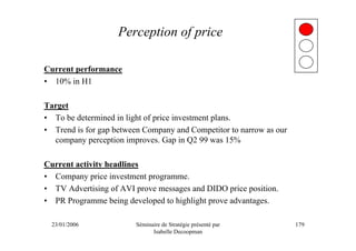 Perception of price

Current performance
• 10% in H1

Target
• To be determined in light of price investment plans.
• Trend is for gap between Company and Competitor to narrow as our
  company perception improves. Gap in Q2 99 was 15%

Current activity headlines
• Company price investment programme.
• TV Advertising of AVI prove messages and DIDO price position.
• PR Programme being developed to highlight prove advantages.

  23/01/2006            Séminaire de Stratégie présenté par          179
                              Isabelle Decoopman
 
