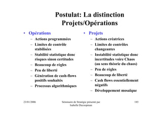 Postulat: La distinction
                     Projets/Opérations
• Opérations                               • Projets
     – Actions programmées                        – Actions créatrices
     – Limites de contrôle                        – Limites de contrôles
       stabilisées                                  changeantes
     – Stabilité statistique donc                 – Instabilité statistique donc
       risques sinon certitudes                     incertitudes voire Chaos
     – Beaucoup de règles                           (au sens théorie du chaos)
     – Peu de liberté                             – Peu de règles
     – Génération de cash-flows                   – Beaucoup de liberté
       positifs souhaités                         – Cash flows essentiellement
     – Processus algorithmiques                     négatifs
                                                  – Développement mosaïque

23/01/2006              Séminaire de Stratégie présenté par                  185
                              Isabelle Decoopman
 