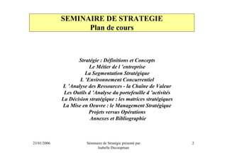 SEMINAIRE DE STRATEGIE
                   Plan de cours



                    Stratégie : Définitions et Concepts
                         Le Métier de l ’entreprise
                       La Segmentation Stratégique
                     L ’Environnement Concurrentiel
             L ’Analyse des Ressources - la Chaîne de Valeur
              Les Outils d ’Analyse du portefeuille d ’activités
             La Décision stratégique : les matrices stratégiques
             La Mise en Oeuvre : le Management Stratégique
                         Projets versus Opérations
                          Annexes et Bibliographie



23/01/2006              Séminaire de Stratégie présenté par        2
                              Isabelle Decoopman
 