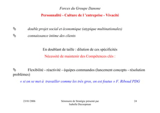 Forces du Groupe Danone
                   Personnalité - Culture de l ’entreprise - Vivacité


         double projet social et économique (atypique multinationales)
         connaissance intime des clients


                    En doublant de taille : dilution de ces spécificités
                     Nécessité de maintenir des Compétences clés :


        Flexibilité - réactivité - équipes commandos (lancement concepts - résolution
problèmes)
    « si on se met à travailler comme les très gros, on est foutus » F. Riboud PDG




      23/01/2006                Séminaire de Stratégie présenté par           24
                                      Isabelle Decoopman
 