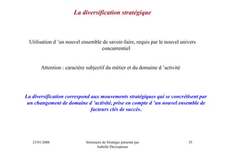 La diversification stratégique



 Utilisation d ’un nouvel ensemble de savoir-faire, requis par le nouvel univers
                                  concurrentiel


       Attention : caractère subjectif du métier et du domaine d ’activité




La diversification correspond aux mouvements stratégiques qui se concrétisent par
 un changement de domaine d ’activité, prise en compte d ’un nouvel ensemble de
                              facteurs clés de succès.




   23/01/2006               Séminaire de Stratégie présenté par              35
                                  Isabelle Decoopman
 