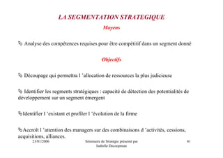 LA SEGMENTATION STRATEGIQUE
                                             Moyens


  Analyse des compétences requises pour être compétitif dans un segment donné


                                             Objectifs


  Découpage qui permettra l ’allocation de ressources la plus judicieuse


  Identifier les segments stratégiques : capacité de détection des potentialités de
développement sur un segment émergent


  Identifier l ’existant et profiler l ’évolution de la firme


  Accroît l ’attention des managers sur des combinaisons d ’activités, cessions,
acquisitions, alliances.
      23/01/2006                  Séminaire de Stratégie présenté par              41
                                        Isabelle Decoopman
 