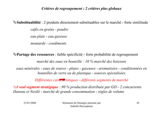 Critères de regroupement : 2 critères plus globaux


  Substituabilité : 2 produits directement substituables sur le marché - forte similitude
           cafés en grains - poudre
           eau plate - eau gazeuse
           moutarde - condiments

  Partage des ressources : faible spécificité - forte probabilité de regroupement
                   marché des eaux en bouteille : 10 % marché des boissons
 eaux minérales - eaux de source - plates - gazeuses - aromatisées - conditionnées en
              bouteilles de verre ou de plastique - sources spécialisées
               Différentes caractéristiques - différents segments de marché
 1 seul segment stratégique : 80 % production distribuée par GD - 2 concurrents
Danone et Nestlé - marché de grande consommation - règles de volume

      23/01/2006                  Séminaire de Stratégie présenté par            45
                                        Isabelle Decoopman
 