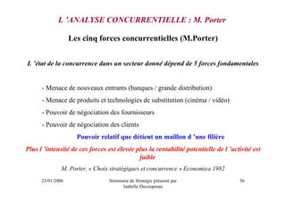 L ’ANALYSE CONCURRENTIELLE : M. Porter

                   Les cinq forces concurrentielles (M.Porter)


L ’état de la concurrence dans un secteur donné dépend de 5 forces fondamentales


      - Menace de nouveaux entrants (banques / grande distribution)
      - Menace de produits et technologies de substitution (cinéma / vidéo)
      - Pouvoir de négociation des fournisseurs
      - Pouvoir de négociation des clients
                     Pouvoir relatif que détient un maillon d ’une filière
Plus l ’intensité de ces forces est élevée plus la rentabilité potentielle de l ’activité est
                                            faible
               M. Porter, « Choix stratégiques et concurrence » Economica 1982
      23/01/2006                 Séminaire de Stratégie présenté par                56
                                       Isabelle Decoopman
 