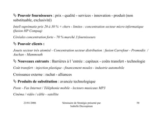 Pouvoir fournisseurs : prix - qualité - services - innovation - produit (non
substituable, exclusivité)
Intell suprématie prix 20 à 30 % + chers - limites : concentration secteur micro informatique
(fusion HP Compaq)
Céréales concentration forte - 70 % marché 3 fournisseurs
   Pouvoir clients :
Jouets secteur très atomisé - Concentration secteur distribution : fusion Carrefour - Promodès /
Auchan - Mammouth
   Nouveaux entrants : Barrières à l ’entrée : capitaux - coûts transfert - technologie
Coût transfert : injection plastique - financement moules - industrie automobile
Croissance externe : rachat - alliances
   Produits de substitution : avancée technologique
Poste - Fax Internet / Téléphonie mobile - lecteurs musicaux MP3
Cinéma / vidéo / câble - satellite

       23/01/2006                    Séminaire de Stratégie présenté par                58
                                           Isabelle Decoopman
 