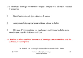 L ’étude de l ’avantage concurrentiel intègre l ’analyse de la chaîne de valeur de
  l ’entreprise


        Identification des activités créatrices de valeur


        Analyse des liaison entre les activités au sein de la chaîne


       Décision d ’optimisation d ’un ou plusieurs maillons de la chaîne et/ou
   coordination entre les différents maillons.


⇒ Repérer et mieux exploiter les sources d ’avantage concurrentiel au sein des
  activités de l ’entreprise.


                   M. Porter, « L ’avantage concurrentiel » Inter Editions, 1993
      23/01/2006                    Séminaire de Stratégie présenté par            77
                                          Isabelle Decoopman
 