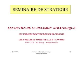 SEMINAIRE DE STRATEGIE



LES OUTILS DE LA DECISION STRATEGIQUE
               LES MODELES DE CYCLE DE VIE DES PRODUITS

               LES MODELES DE PORTEFEUILLE D ’ACTIVITES
                    BCG - ADL - Mc Kinsey - Autres matrices



  23/01/2006               Séminaire de Stratégie présenté par   78
                                 Isabelle Decoopman
 