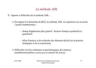La méthode ADL
Apports et difficultés de la méthode ADL :

   Par rapport à la démarche du BCG, la méthode ADL est supérieure sur au moins
   2 points fondamentaux :

           – champ d'application plus général : facteurs d'analyse qualitatifs et
             quantitatifs

           – effort d'analyse et de recherche des éléments décisifs de la position
             stratégique et de la concurrence

   Difficultés à la fois techniques et psychologiques des analyses
   multidimensionnelles (comme pour la méthode Mc Kinsey)


   23/01/2006                Séminaire de Stratégie présenté par               91
                                   Isabelle Decoopman
 