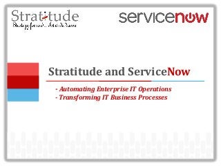 Stratitude and ServiceNow
- Automating Enterprise IT Operations
- Transforming IT Business Processes
 