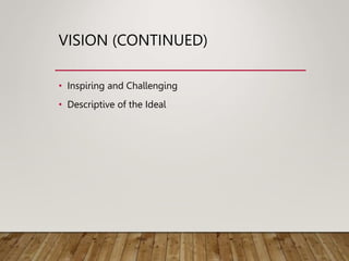 VISION (CONTINUED)
• Inspiring and Challenging
• Descriptive of the Ideal
 