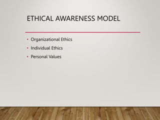 ETHICAL AWARENESS MODEL
• Organizational Ethics
• Individual Ethics
• Personal Values
 