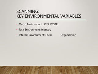 SCANNING:
KEY ENVIRONMENTAL VARIABLES
• Macro Environment: STEP, PESTEL
• Task Environment: Industry
• Internal Environment: Focal Organization
 