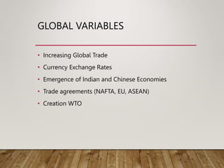 GLOBAL VARIABLES
• Increasing Global Trade
• Currency Exchange Rates
• Emergence of Indian and Chinese Economies
• Trade agreements (NAFTA, EU, ASEAN)
• Creation WTO
 