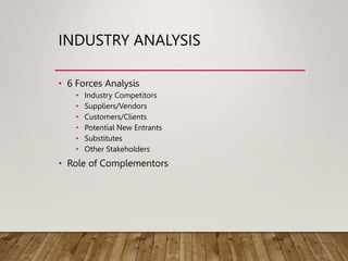 INDUSTRY ANALYSIS
• 6 Forces Analysis
• Industry Competitors
• Suppliers/Vendors
• Customers/Clients
• Potential New Entrants
• Substitutes
• Other Stakeholders
• Role of Complementors
 