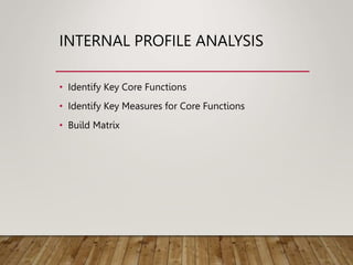 INTERNAL PROFILE ANALYSIS
• Identify Key Core Functions
• Identify Key Measures for Core Functions
• Build Matrix
 