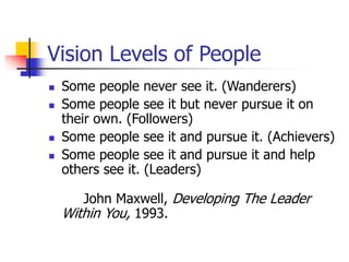 Vision Levels of People
 Some people never see it. (Wanderers)
 Some people see it but never pursue it on
their own. (Followers)
 Some people see it and pursue it. (Achievers)
 Some people see it and pursue it and help
others see it. (Leaders)
John Maxwell, Developing The Leader
Within You, 1993.
 