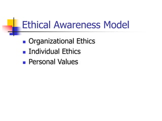 Ethical Awareness Model
 Organizational Ethics
 Individual Ethics
 Personal Values
 