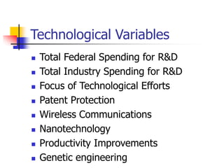 Technological Variables
 Total Federal Spending for R&D
 Total Industry Spending for R&D
 Focus of Technological Efforts
 Patent Protection
 Wireless Communications
 Nanotechnology
 Productivity Improvements
 Genetic engineering
 